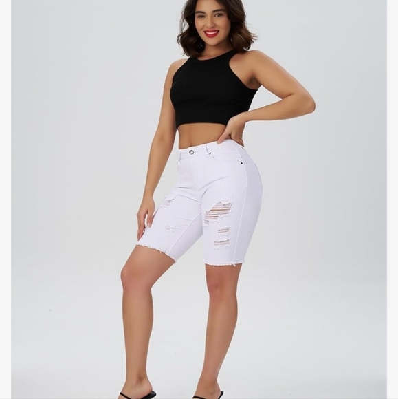 White Distressed Bermuda Denim Shorts - Picture 6 of 16